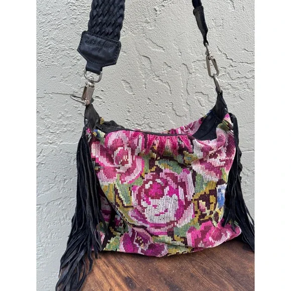 Intrinsic Flair Embroidered Floral Boho Indie Fringe Leather Shoulder Bag Purse - Picture 2 of 11